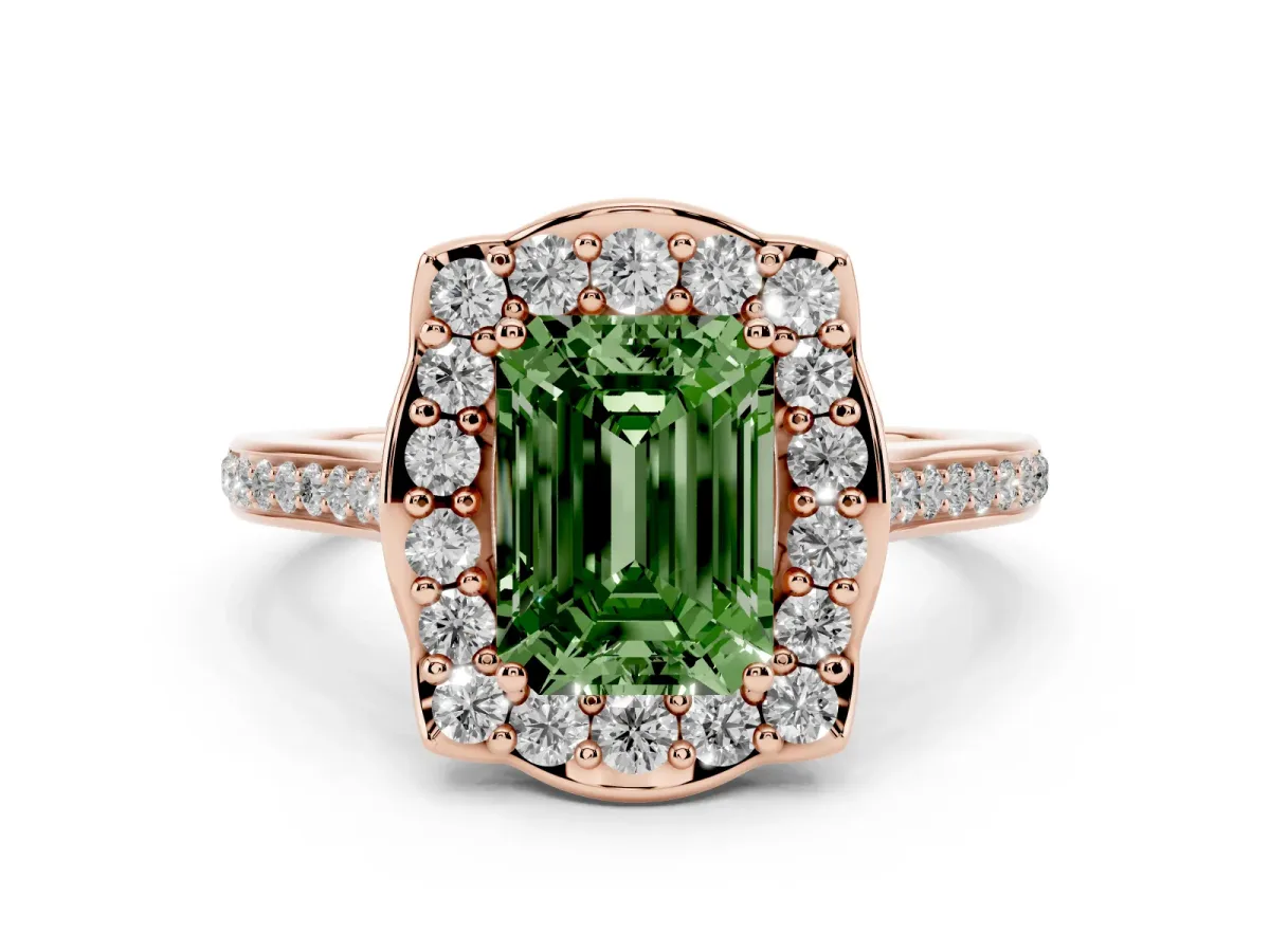 Fancy Green Emerald Cut Diamond Halo Ring Set in Rose gold with Pavé-Lined Shoulders and Prong Setting