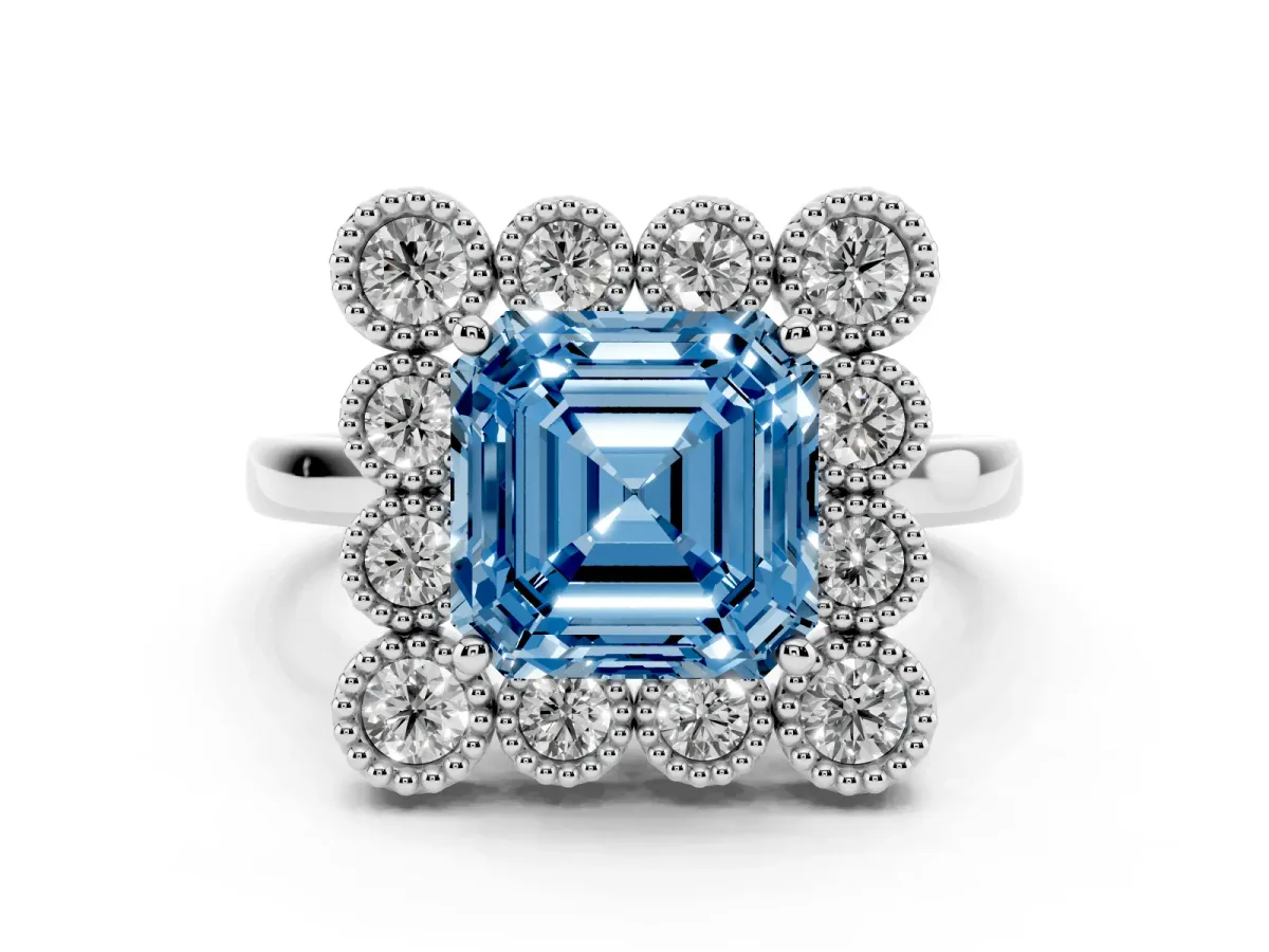 Fancy Blue Asscher Cut Diamond Cluster Halo Ring Set in Silver with Milgrain Bezel Accents and Plain Band