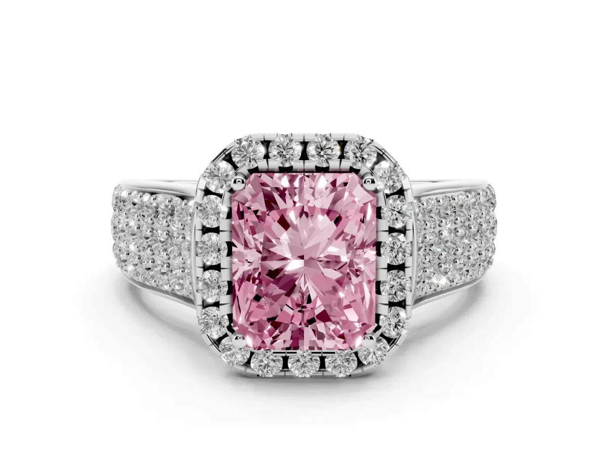 Fancy Pink Radiant Cut Diamond Halo Ring Set in Platinum with Pavé Band and Raised Center Setting