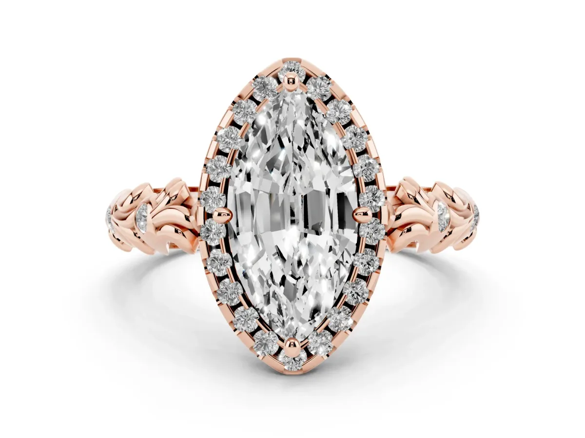 Marquise Cut Diamond Halo Ring Set in Rose gold with Filigree Leaf Band and Prong Setting