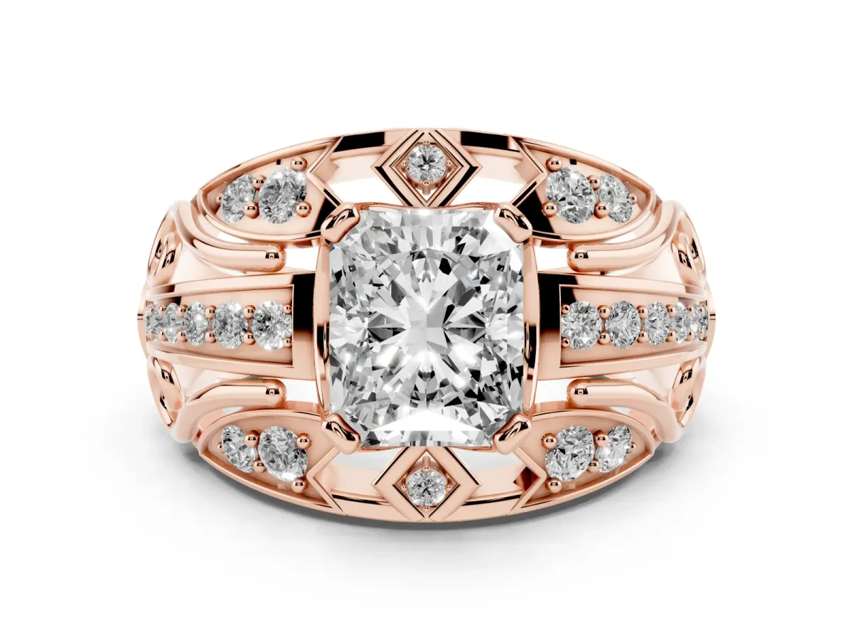 Radiant Cut Diamond Art Deco Ring Set in Rose gold with Pavé Split Shank
