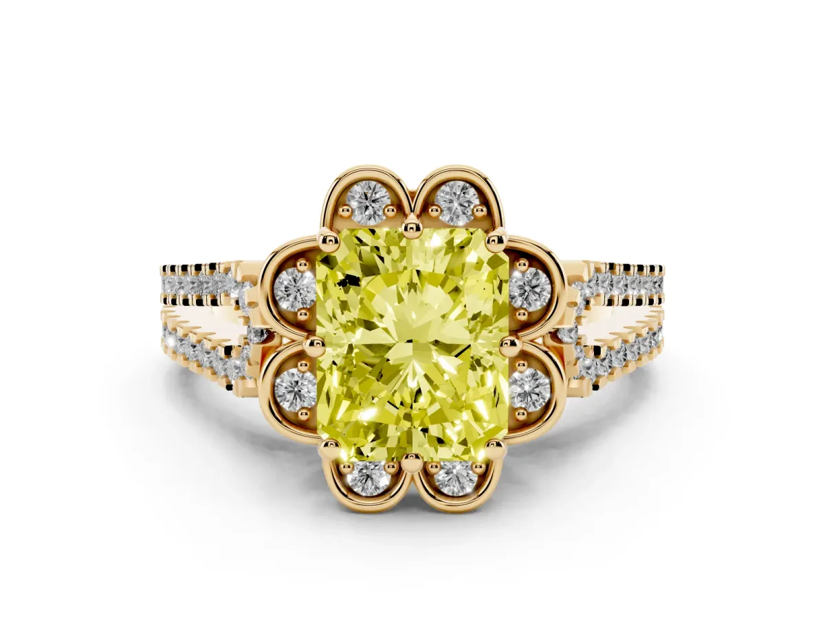 Fancy Yellow Radiant Cut Diamond Floral Halo Split Shank Engagement Ring Set in Yellow gold with Pavé Shank