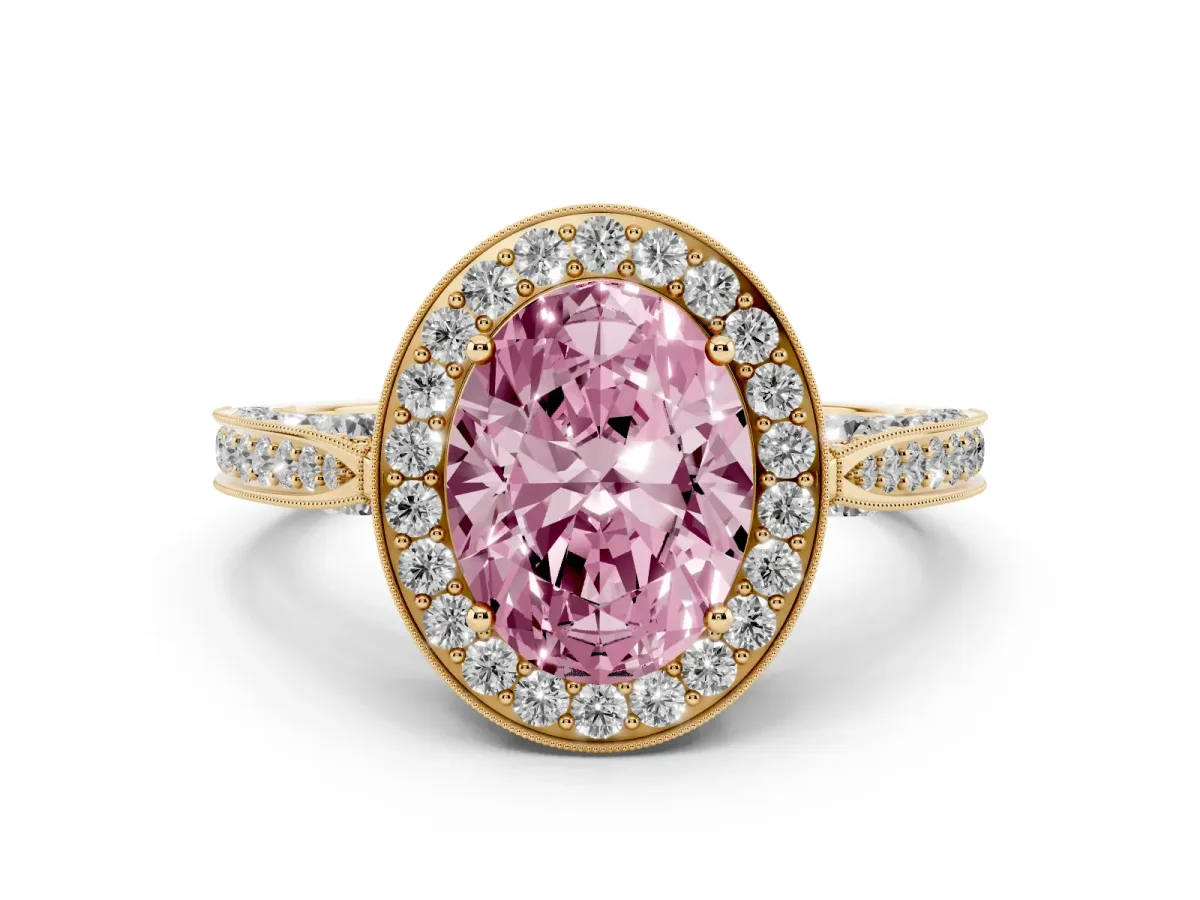 Fancy Pink Oval Cut Diamond Halo Engagement Ring Set in Yellow gold with Accent Split Shank Band