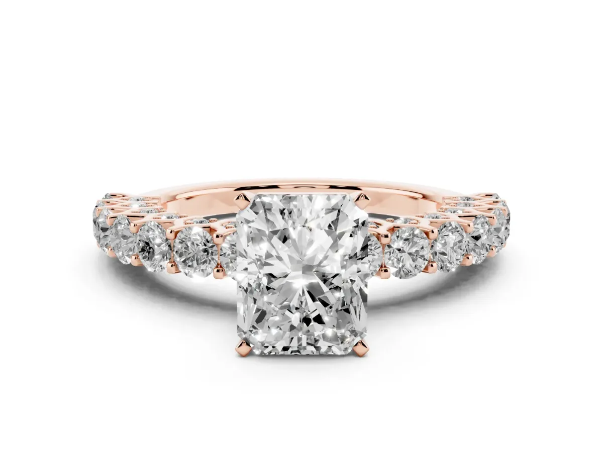 Radiant Cut Diamond Solitaire Ring Set in Rose gold with Shared Prong Pavé Band