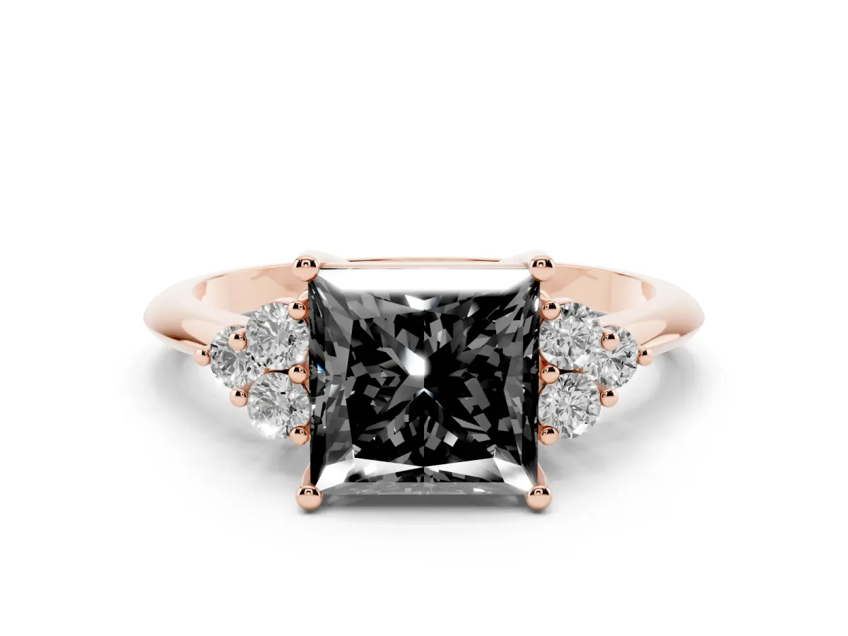 Fancy Black Princess Cut Diamond Cluster Ring Set in Rose gold with Plain Band and Prong Setting
