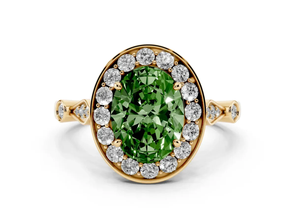Fancy Green Oval Cut Diamond Halo Engagement Ring Set in Yellow gold with Twisted Band and Prong Setting