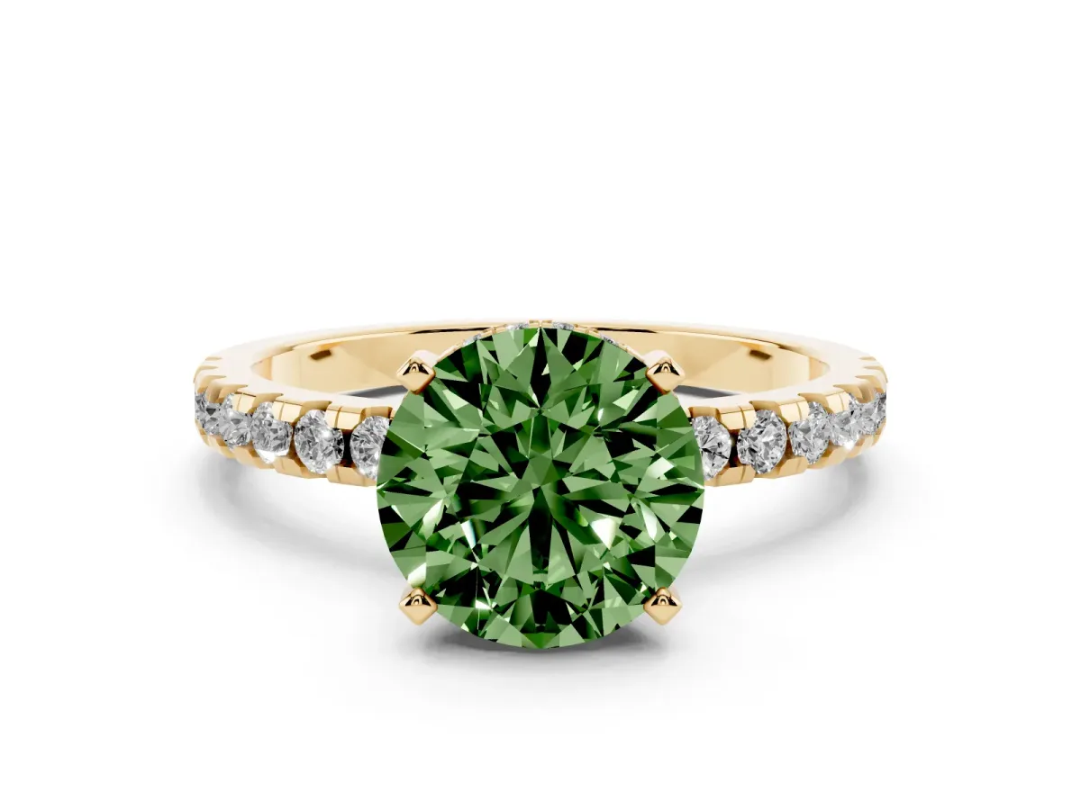 Fancy Green Round Cut Diamond Pavé Solitaire Ring Set in Yellow gold with Round Band Accents and Prong Setting