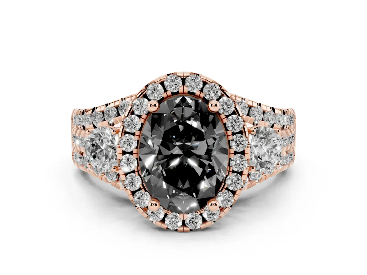 Fancy Black Oval Cut Diamond Halo Split Shank Ring Set in Rose gold with Round Accent Stones and Prong Setting