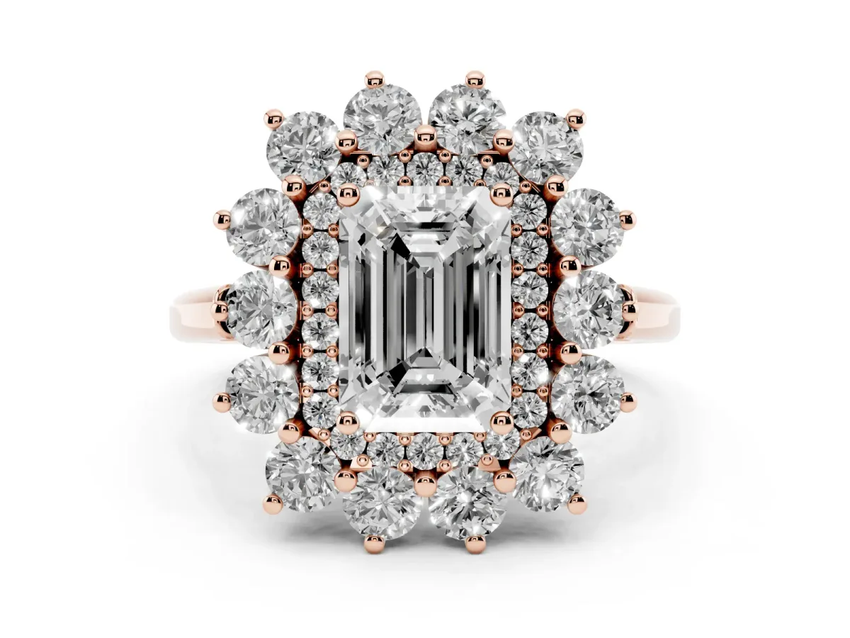 Emerald Cut Diamond Floral Double Halo Ring Set in Rose gold with Round Petals
