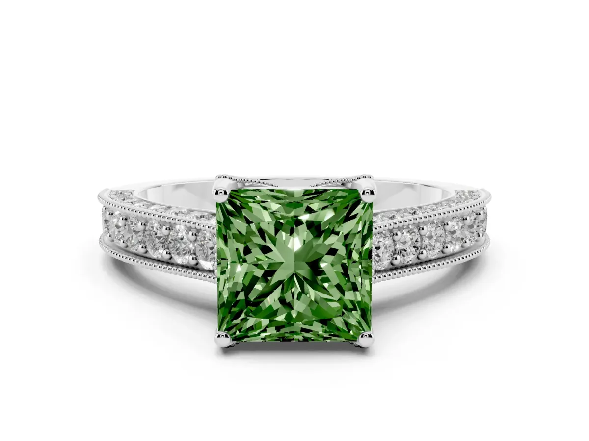 Fancy Green Princess Cut Diamond Solitaire Ring Set in Silver with Milgrain-Edged Pavé Band and Prong Setting