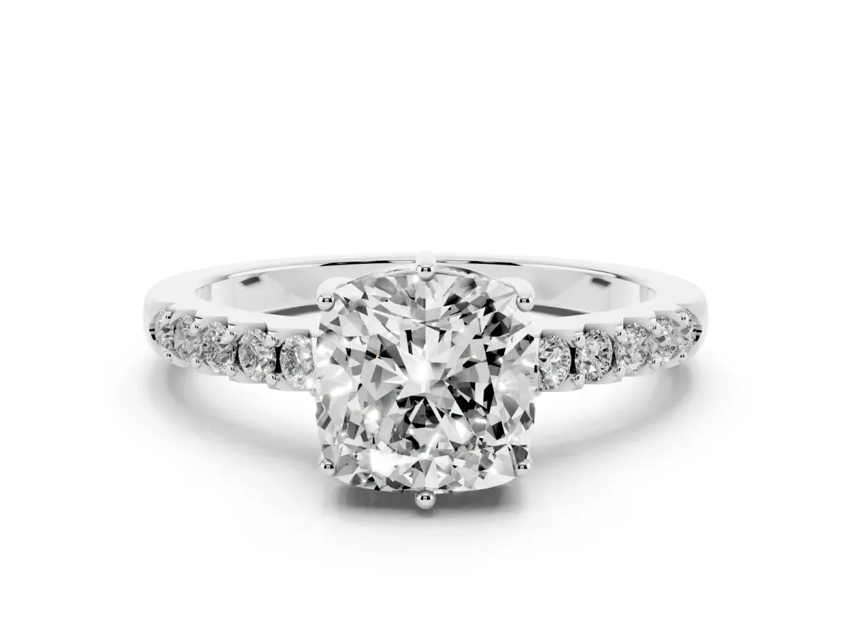 Cushion Cut Diamond Solitaire Engagement Ring Set in Platinum with Pavé Band and Prong Setting