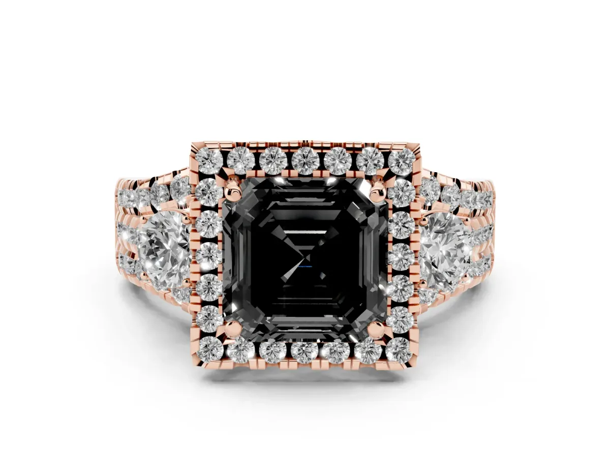 Fancy Black Asscher Cut Diamond Halo Split Shank Ring Set in Rose gold with Round Accent Stones and Prong Setting