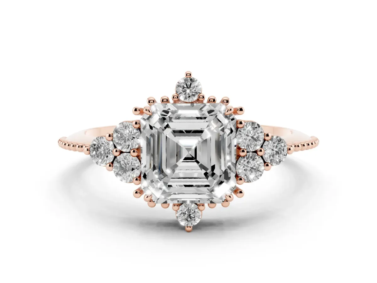 Asscher Cut Diamond Cluster Ring Set in Rose gold with Beaded Band