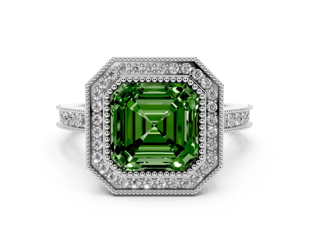 Fancy Green Asscher Cut Diamond Halo Milgrain Pavé Band Ring Set in Platinum with Prong Setting