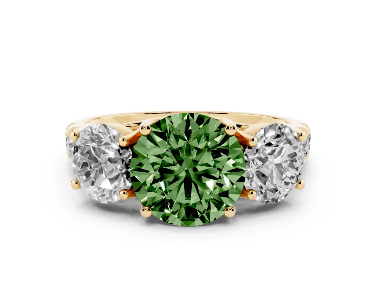 Fancy Green Round Cut Diamond Three-Stone Ring Set in Yellow gold with Pavé Band