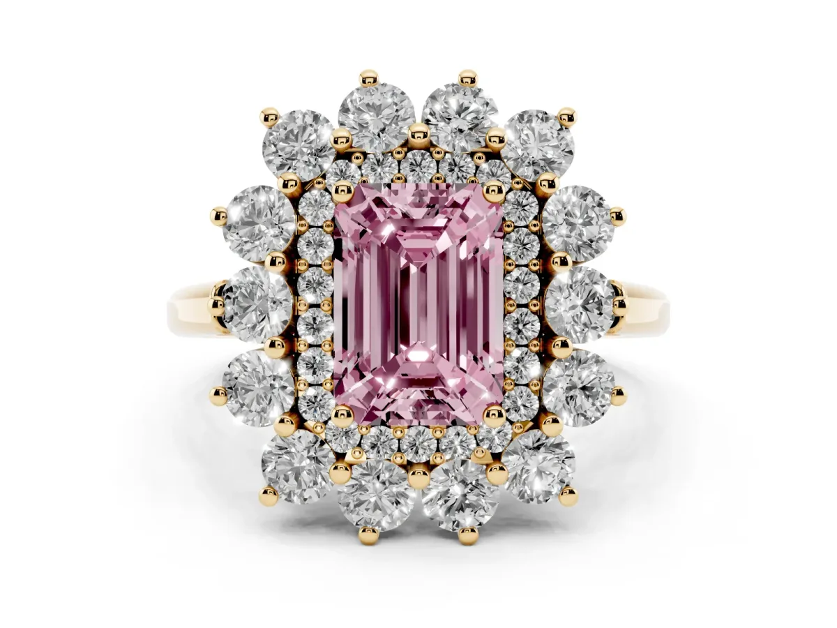 Fancy Pink Emerald Cut Diamond Floral Double Halo Ring Set in Yellow gold with Round Petals