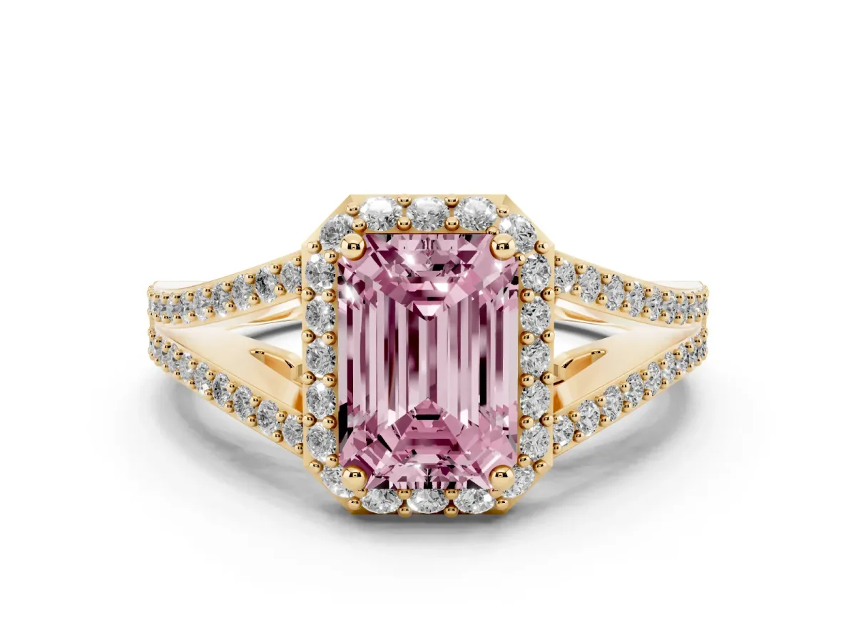 Fancy Pink Emerald Cut Diamond Halo Split Shank Pavé Ring Set in Yellow gold with Prong Setting