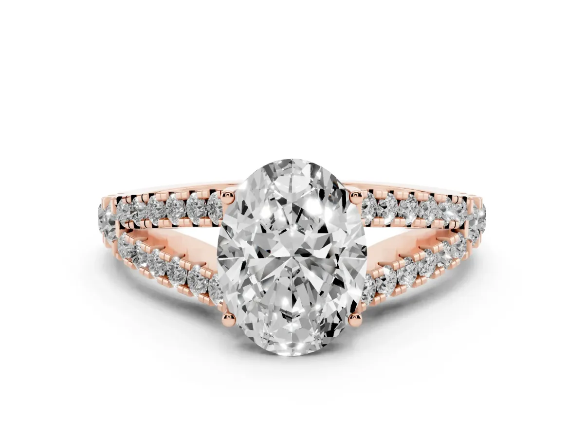 Oval Cut Diamond Split Shank Pavé Engagement Ring Set in Rose gold with Prong-Held Center Stone
