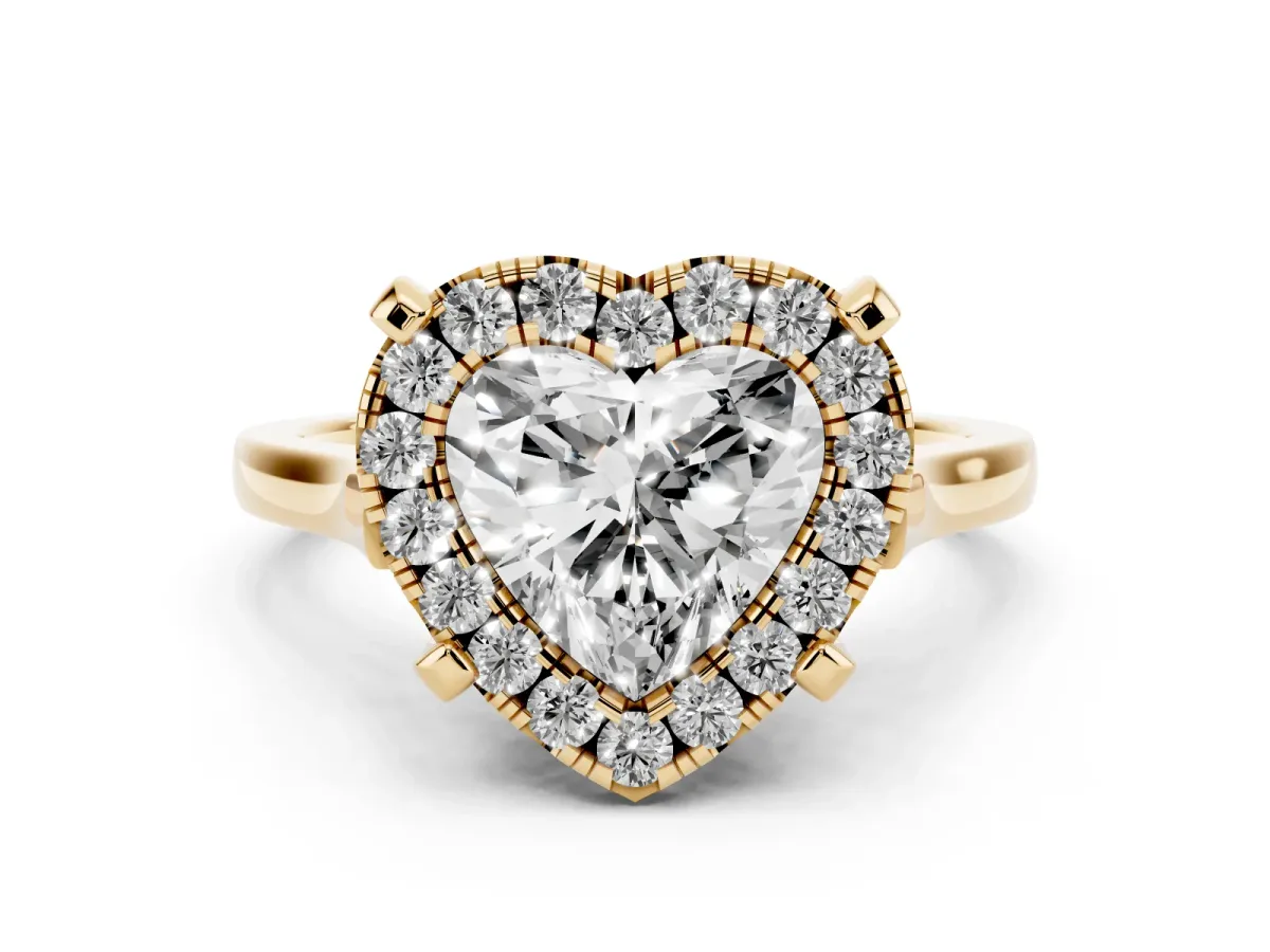 Heart Cut Diamond Cluster Halo Solitaire Ring Set in Yellow gold with Prong Setting
