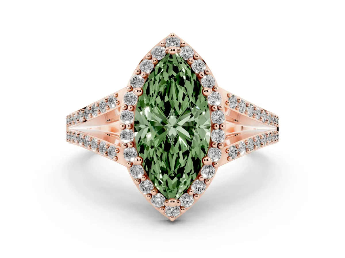 Fancy Green Marquise Cut Diamond Halo Split Shank Pavé Ring Set in Rose gold with Prong Setting