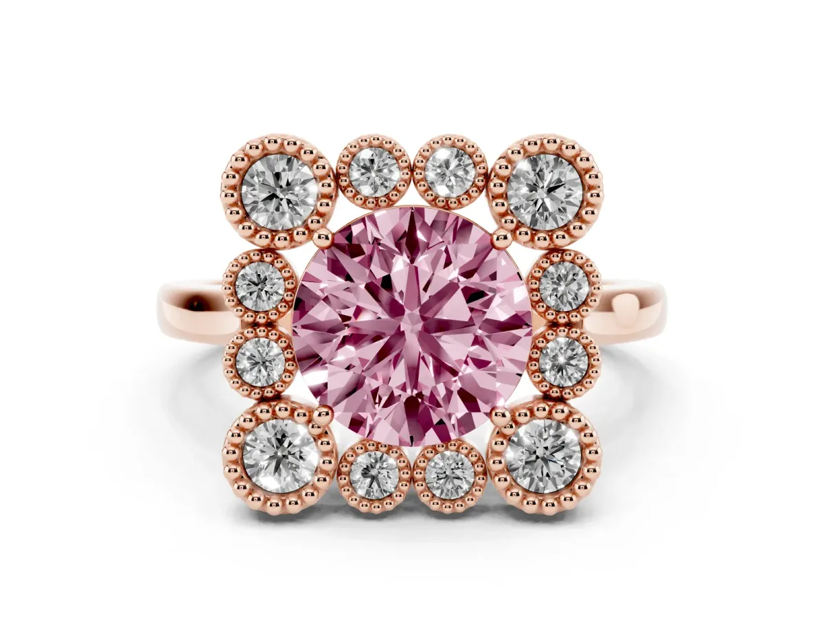 Fancy Pink Round Cut Diamond Cluster Halo Ring Set in Rose gold with Milgrain Bezel Accents and Plain Band