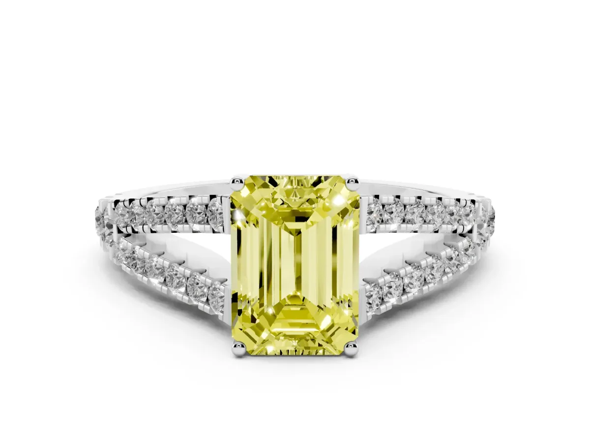 Fancy Yellow Emerald Cut Diamond Split Shank Pavé Engagement Ring Set in Platinum with Prong-Held Center Stone