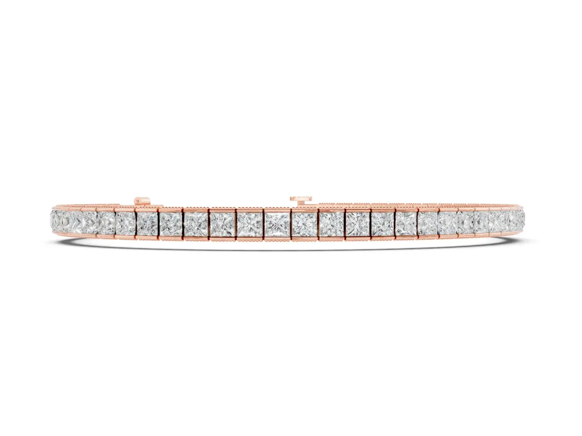 Princess Cut Diamond Channel Set Tennis Bracelet Set in Rose gold with Box Clasp