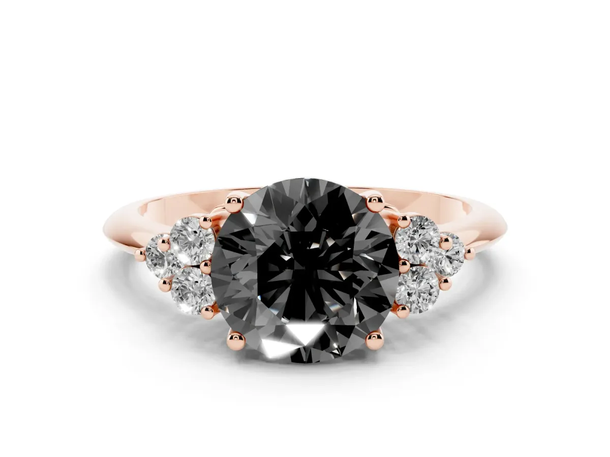 Fancy Black Round Cut Diamond Cluster Ring Set in Rose gold with Plain Band and Prong Setting
