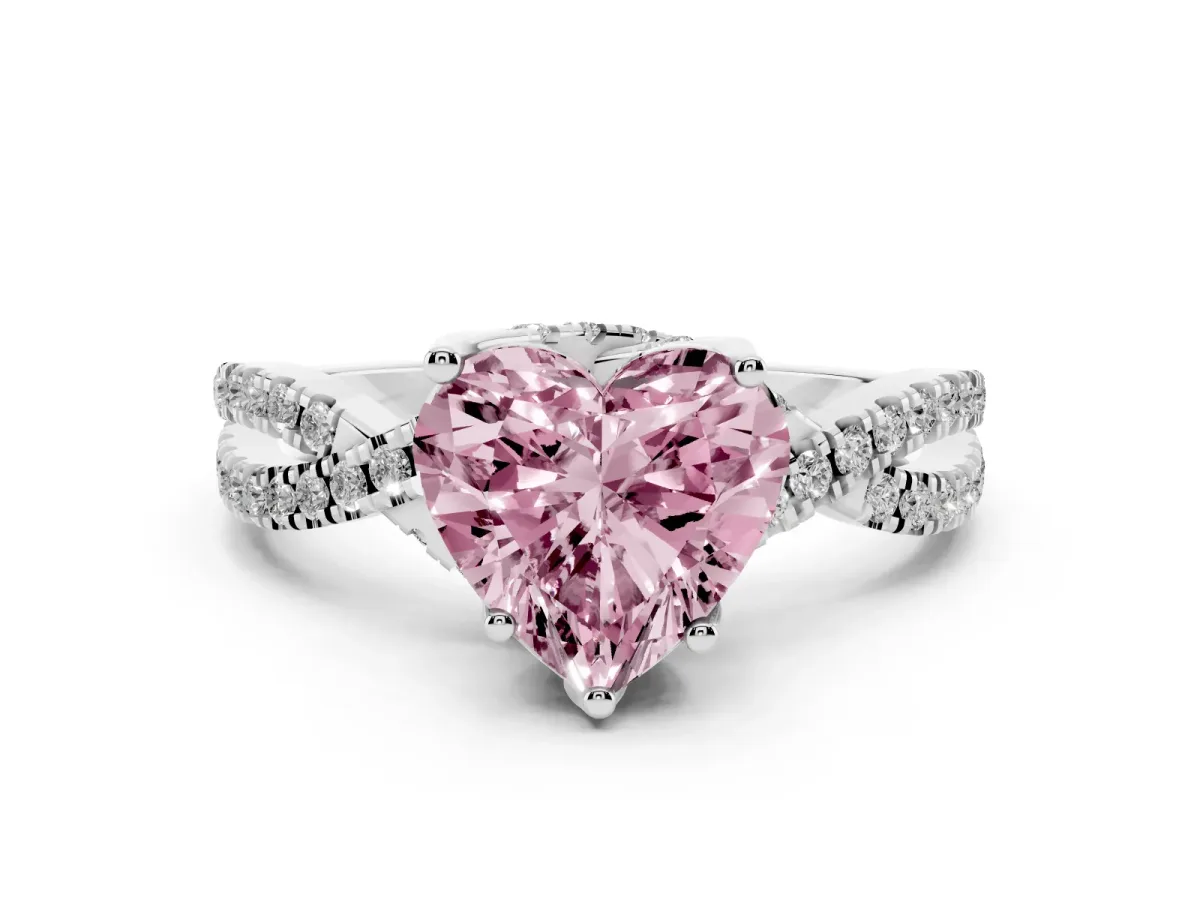Fancy Pink Heart Cut Diamond Twist Pavé Solitaire Engagement Ring Set in White gold with Prong Setting