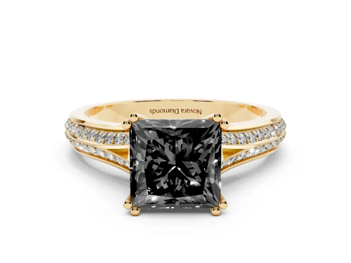 Fancy Black Princess Cut Diamond Split Shank Pavé Engagement Ring Set in Yellow gold with Prong-Set Center Stone