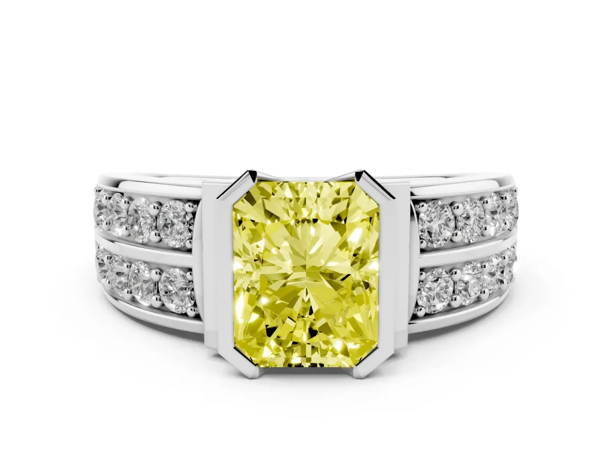 Fancy Yellow Radiant Cut Diamond Wide Channel Set Band Ring Set in Silver with Bezel Setting