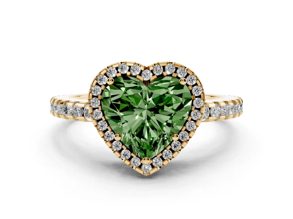 Fancy Green Heart Cut Diamond Halo Ring Set in Yellow gold with Pavé Shoulders and Halo-Framed Center