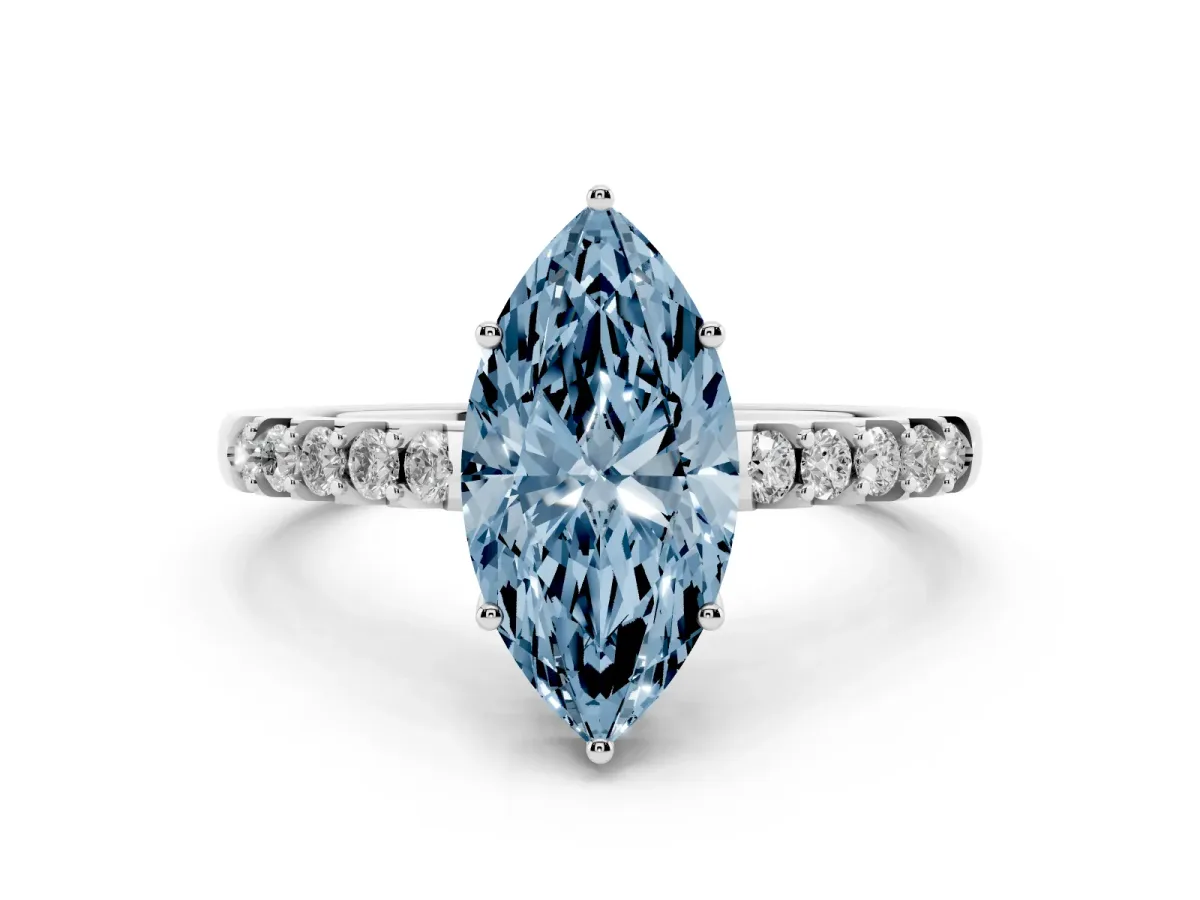 Fancy Blue Marquise Cut Diamond Solitaire Engagement Ring Set in White gold with Pavé Band and Prong Setting