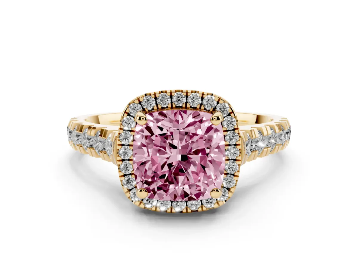 Fancy Pink Cushion Cut Diamond Halo Engagement Ring Set in Yellow gold with Pavé Band and Prong-Set Center