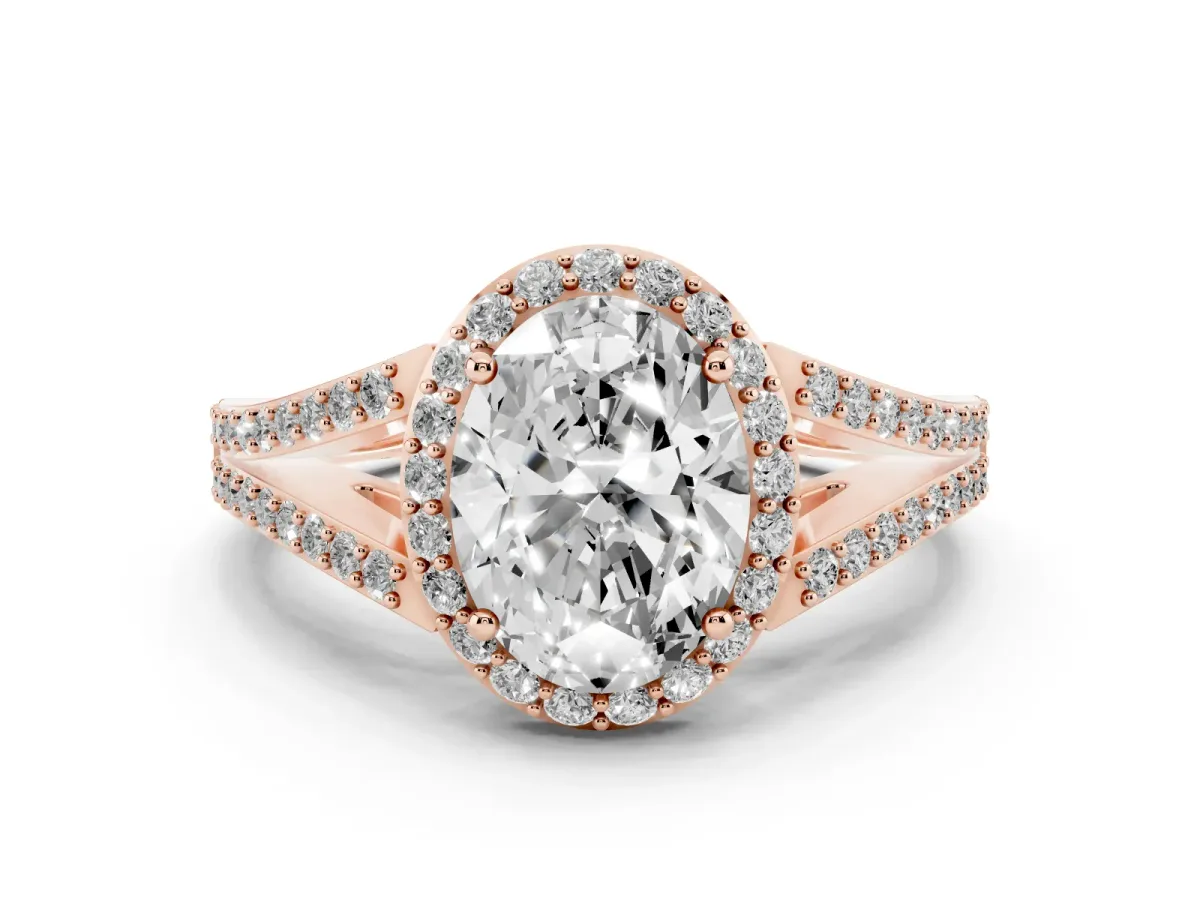 Oval Cut Diamond Halo Split Shank Pavé Ring Set in Rose gold with Prong Setting