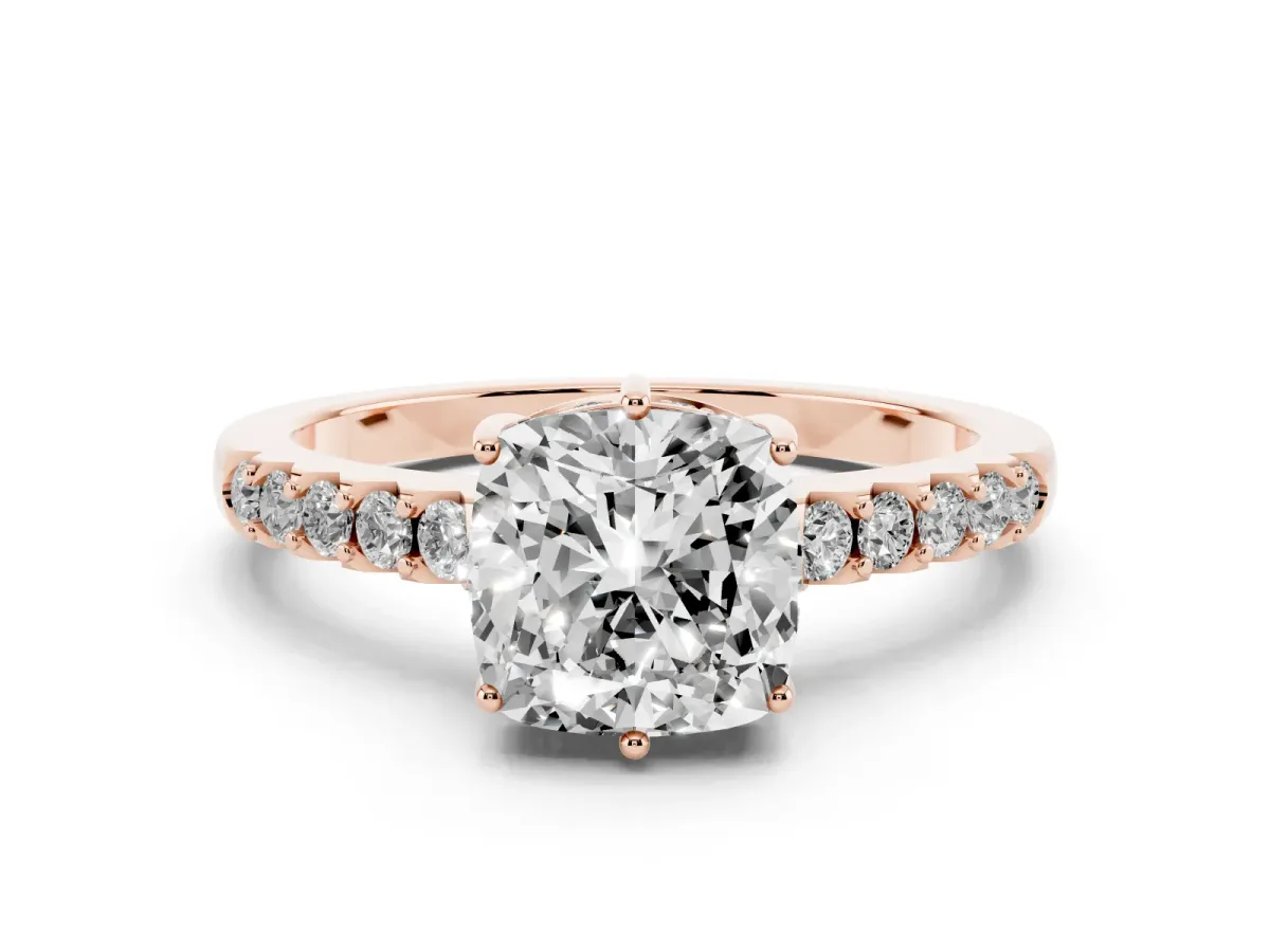 Cushion Cut Diamond Solitaire Engagement Ring Set in Rose gold with Pavé Band and Prong Setting