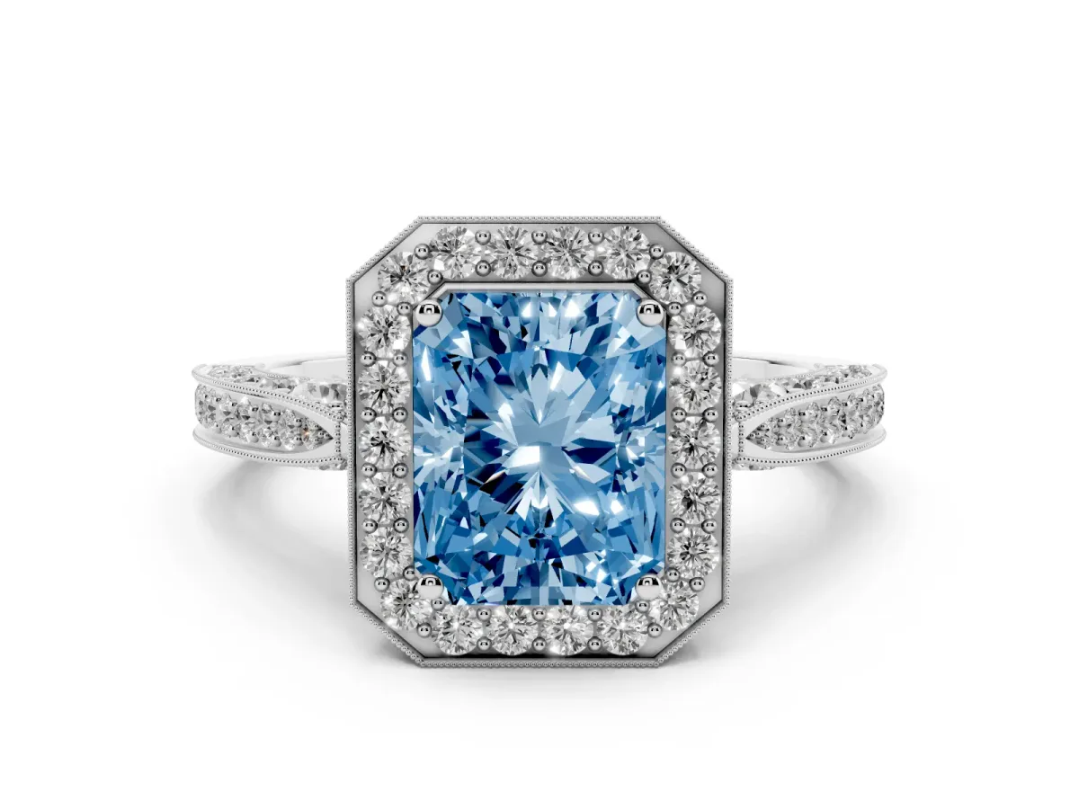 Fancy Blue Radiant Cut Diamond Halo Engagement Ring Set in Platinum with Accent Split Shank Band