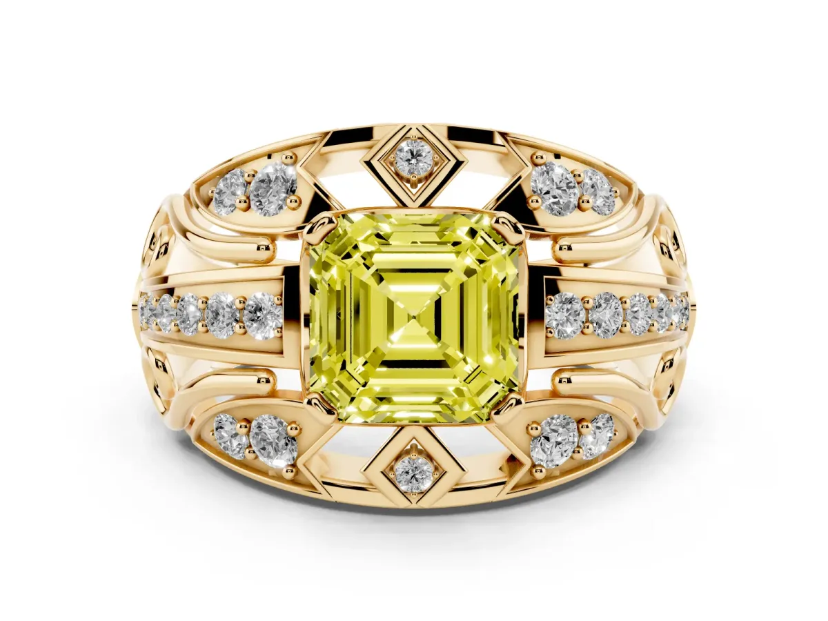 Fancy Yellow Asscher Cut Diamond Art Deco Ring Set in Yellow gold with Pavé Split Shank