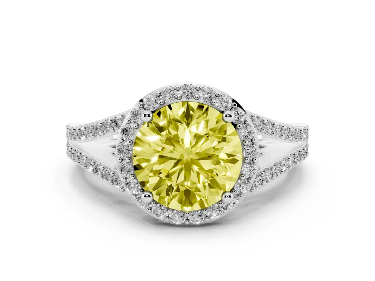 Fancy Yellow Round Cut Diamond Halo Split Shank Ring Set in Silver with Accent Stones and Prong Setting