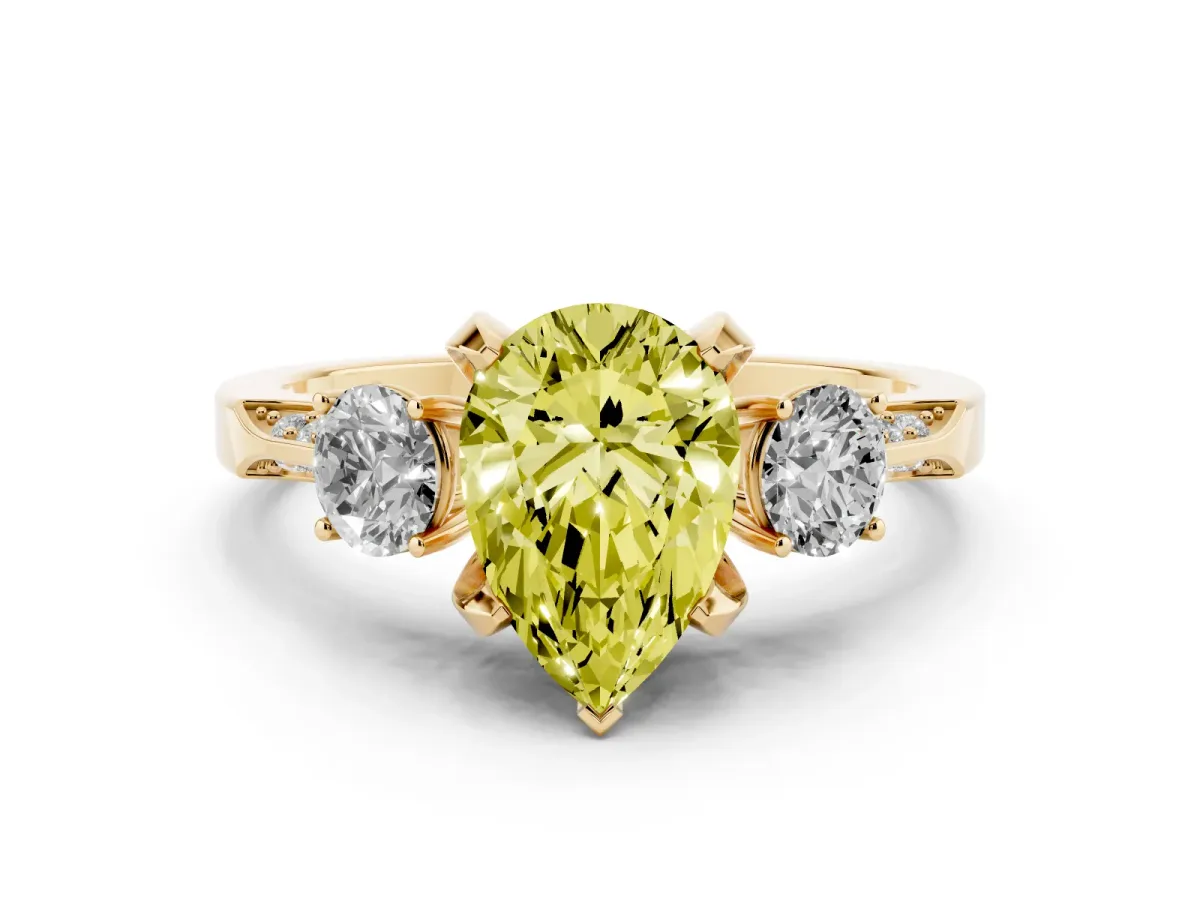 Fancy Yellow Pear Cut Diamond Three-Stone Ring Set in Yellow gold with Pavé Band and Smaller Side Stones