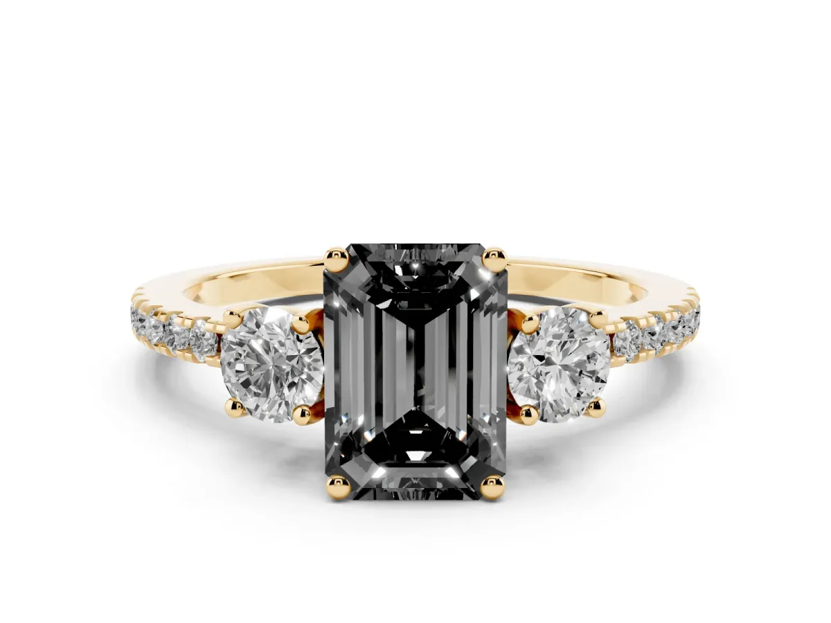 Fancy Black Emerald Cut Diamond Three-Stone Ring Set in Yellow gold with Pavé Band and Graduated Sides