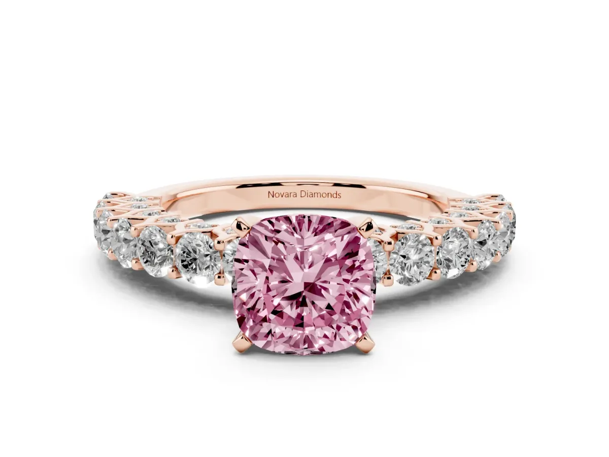 Fancy Pink Cushion Cut Diamond Solitaire Ring Set in Rose gold with Shared Prong Pavé Band