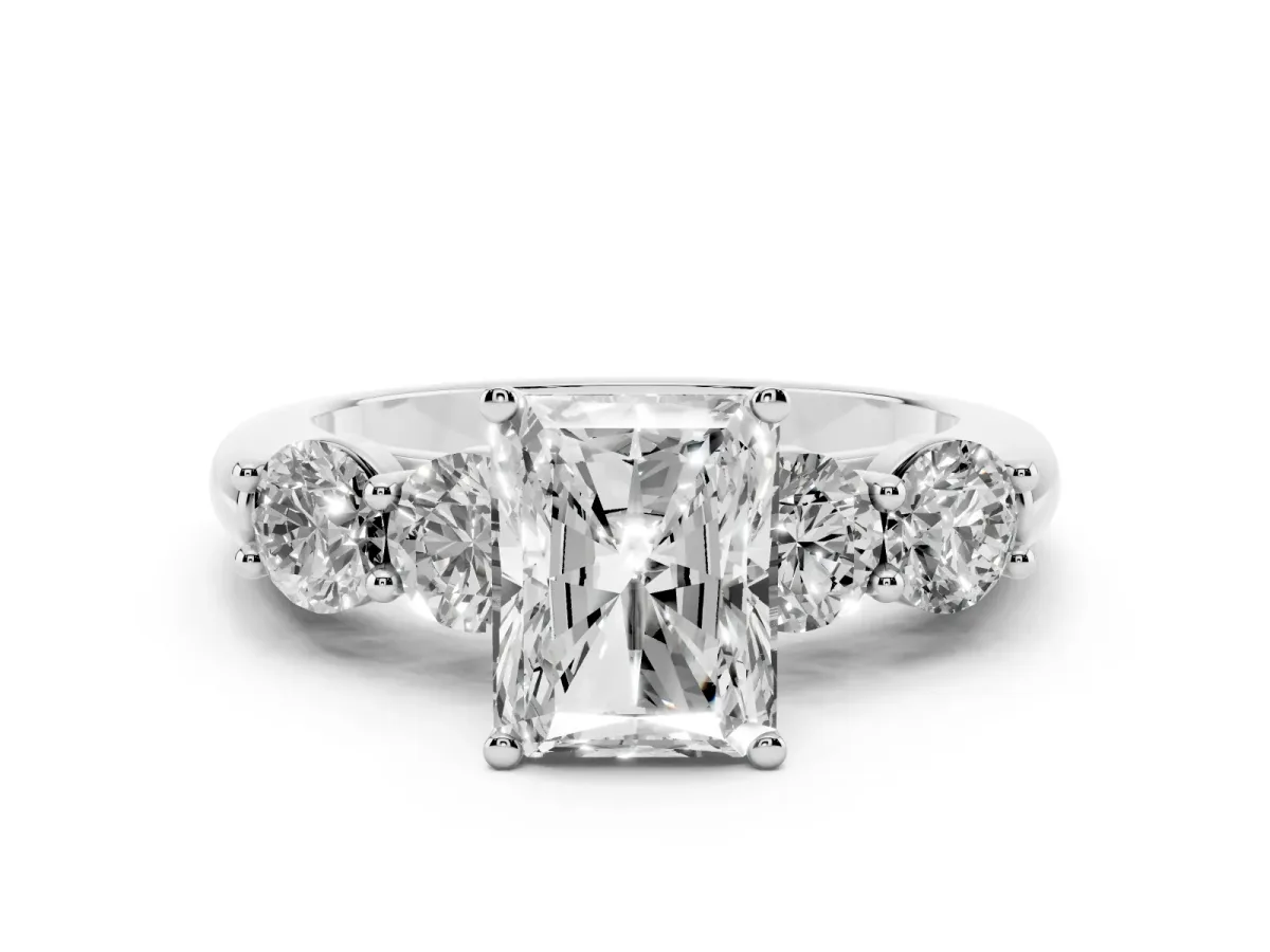 Radiant Cut Diamond Five-Stone Prong Set Ring Set in White gold with Classic Band