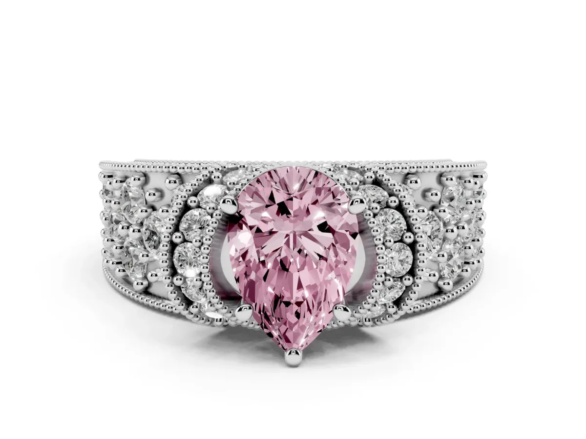 Fancy Pink Pear Cut Diamond Milgrain Halo Pavé Engagement Ring Set in Platinum with Prong Setting
