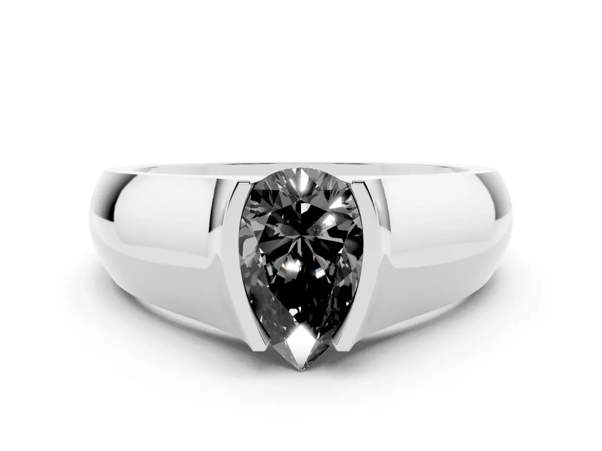 Fancy Black Pear Cut Diamond Bezel Solitaire Ring Set in White gold with Wide Band