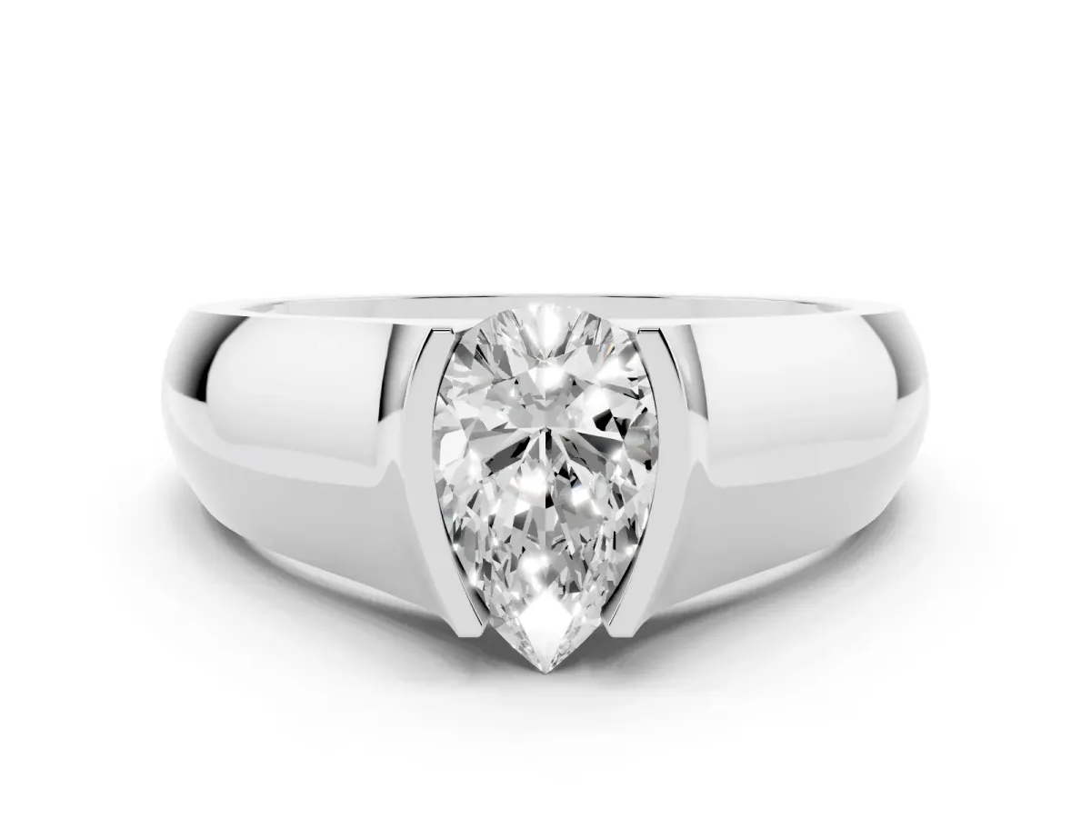 Pear Cut Diamond Bezel Solitaire Ring Set in White gold with Wide Band