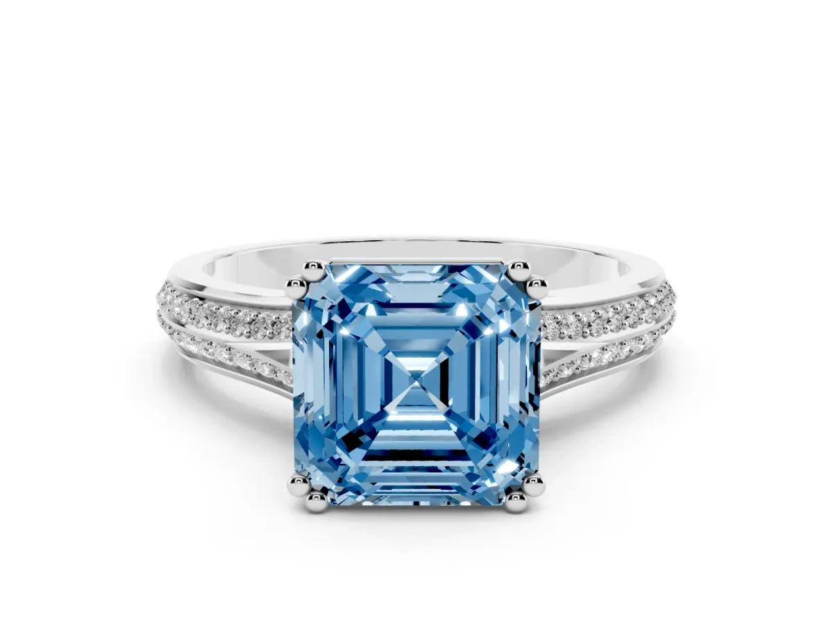 Fancy Blue Asscher Cut Diamond Split Shank Pavé Engagement Ring Set in Silver with Prong-Set Center Stone