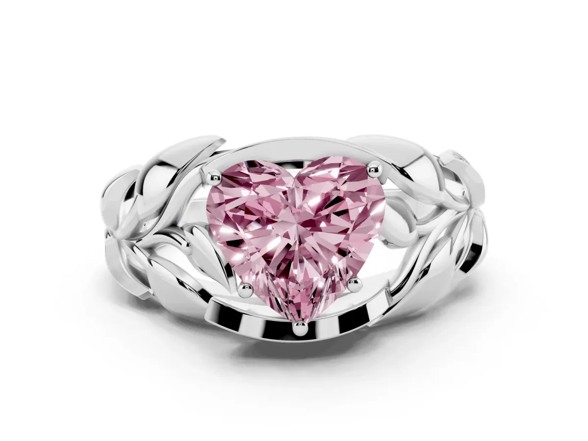 Fancy Pink Heart Cut Diamond Leaf-Inspired Engagement Ring Set in Silver with Round Accents