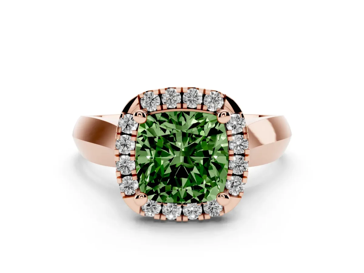 Fancy Green Cushion Cut Diamond Halo Solitaire Engagement Ring Set in Rose gold with Square Band and Prong Setting