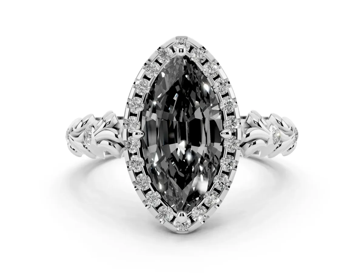 Fancy Black Marquise Cut Diamond Halo Ring Set in Platinum with Filigree Leaf Band and Prong Setting